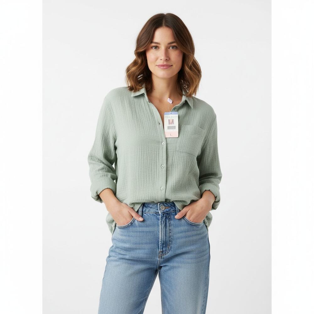 Anne Klein‎ Lightweight Cotton Gauze Button Front Top - Green, Large NWT